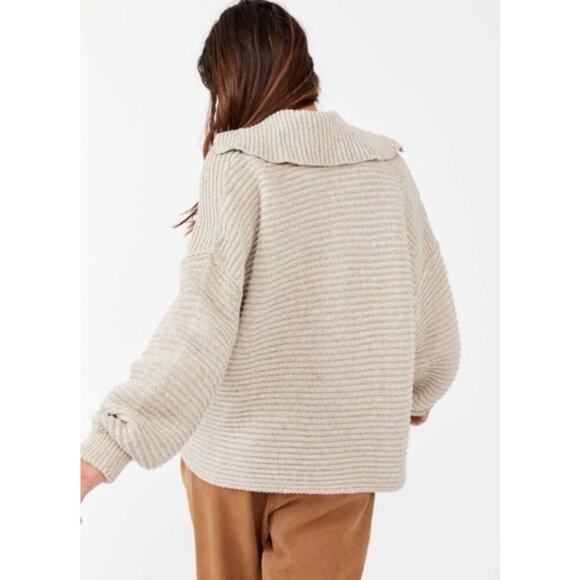 Free People Marlie Deep Ribbed Sweater Size Small Cream Collared V Neck Relaxed - Picture 6 of 13